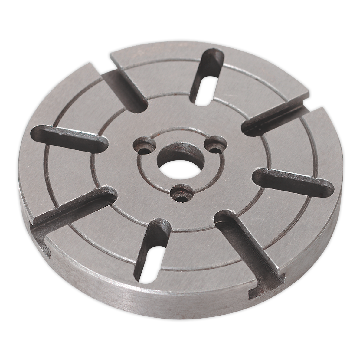 The Sealey Face Plate Ø112mm - SM2503FP is a round, metallic face plate featuring multiple radial slots and holes, designed for compatibility with mini lathes or drilling machines.