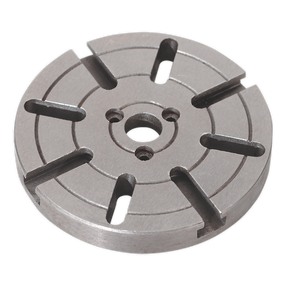 The Sealey Face Plate Ø112mm - SM2503FP is a round, metallic face plate featuring multiple radial slots and holes, designed for compatibility with mini lathes or drilling machines.