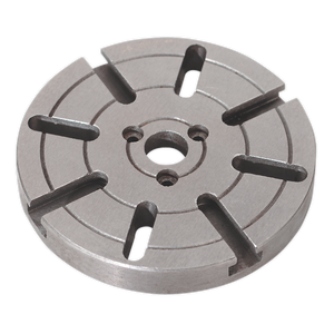 The Sealey Face Plate Ø112mm - SM2503FP is a round, metallic face plate featuring multiple radial slots and holes, designed for compatibility with mini lathes or drilling machines.