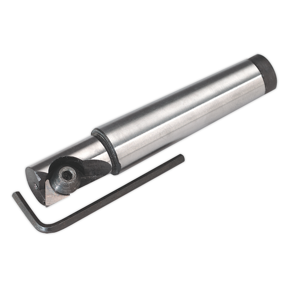 The Sealey Indexable Carbide End Mill MT2-M10 Ø16mm - SM2503ICEM features a cylindrical metal body, high-quality accessories, and an attached hex wrench.