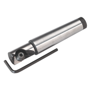 The Sealey Indexable Carbide End Mill MT2-M10 Ø16mm - SM2503ICEM features a cylindrical metal body, high-quality accessories, and an attached hex wrench.