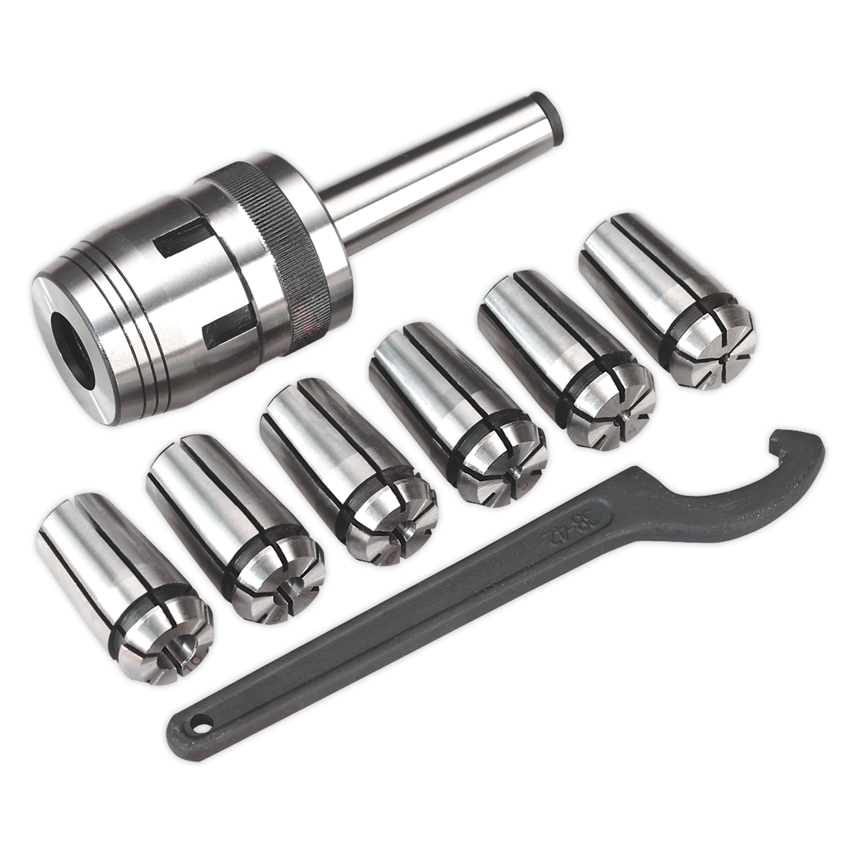 Introducing the Sealey Mill Chuck Set MT2-M10 Ø3-10mm - SM2503MCSET, which includes a metal collet chuck, seven collets, and a wrench. Specifically designed for use with mini lathes or drilling machines, this set is perfectly compatible with Model No. SM2503 and ensures secure tool holding for various machining applications.