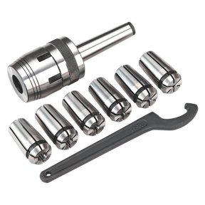 Introducing the Sealey Mill Chuck Set MT2-M10 Ø3-10mm - SM2503MCSET, which includes a metal collet chuck, seven collets, and a wrench. Specifically designed for use with mini lathes or drilling machines, this set is perfectly compatible with Model No. SM2503 and ensures secure tool holding for various machining applications.