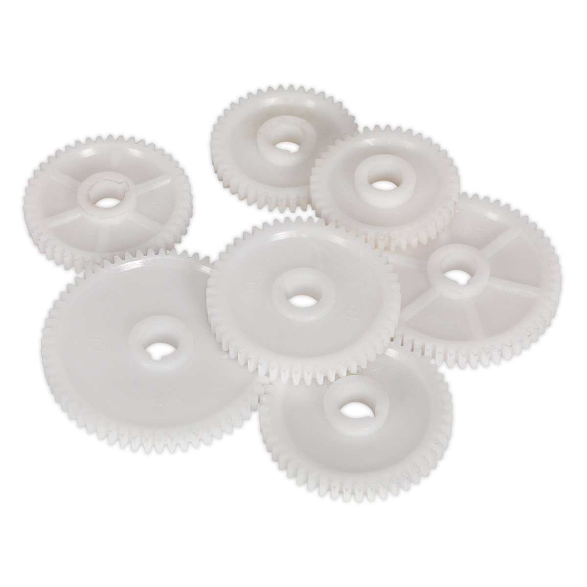 Several white plastic gears of varying sizes, resembling the high-quality Sealey Thread Cutting Gear Kit Metric - SM2503TCK for a mini lathe, are arranged in a cluster on a plain background.