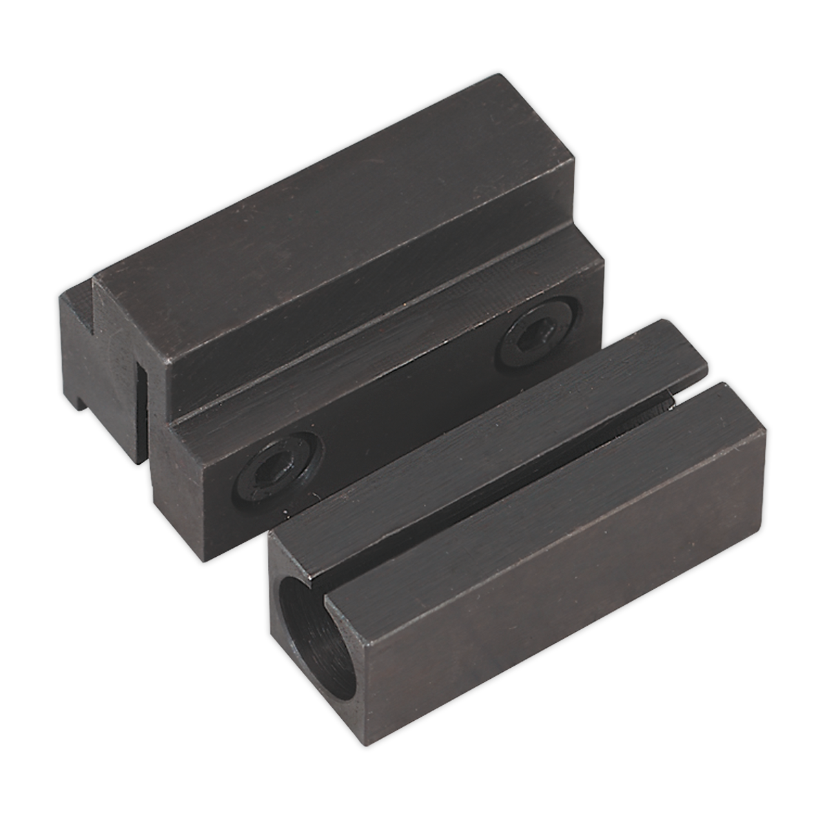 The Sealey Tool Holder (Parting & Bore) Set 2pc - SM2503THSET includes two black metal blocks with grooves and holes for screws, specifically designed for clamping or holding objects, making them ideal as tool holders for your mini lathe or drilling machine.