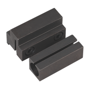 The Sealey Tool Holder (Parting & Bore) Set 2pc - SM2503THSET includes two black metal blocks with grooves and holes for screws, specifically designed for clamping or holding objects, making them ideal as tool holders for your mini lathe or drilling machine.