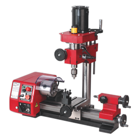 A Sealey Mini Lathe & Drilling Machine - SM2503, in red and black, with various controls and adjustment knobs, featuring variable speed options, on a white background.