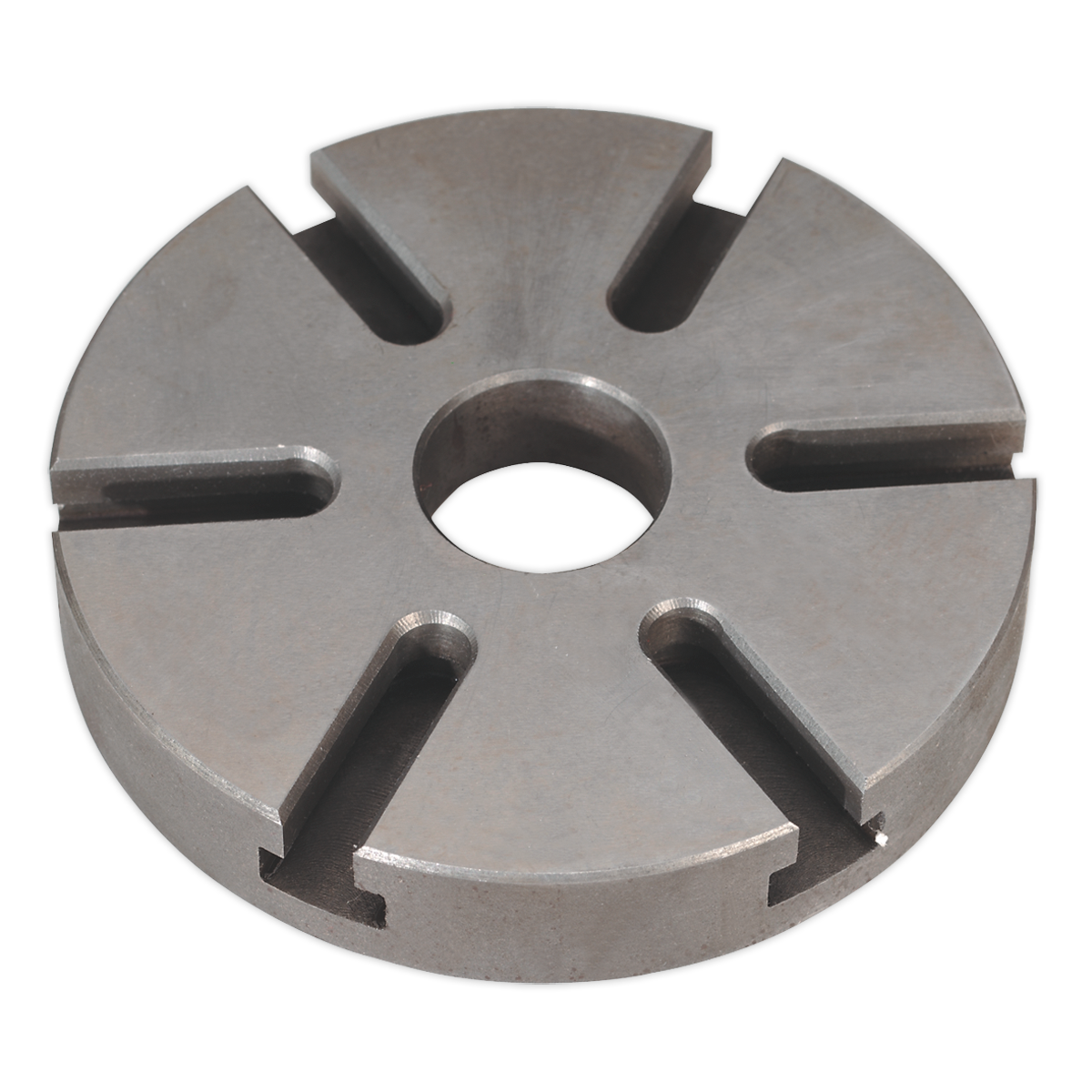 A Sealey Face Plate Ø160mm - SM27FP, featuring a round metal design with a central hole and four evenly spaced grooves extending from the center to the edge, engineered specifically for use with Model No. SM27 on a metalworking lathe.