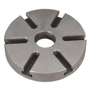 A Sealey Face Plate Ø160mm - SM27FP, featuring a round metal design with a central hole and four evenly spaced grooves extending from the center to the edge, engineered specifically for use with Model No. SM27 on a metalworking lathe.