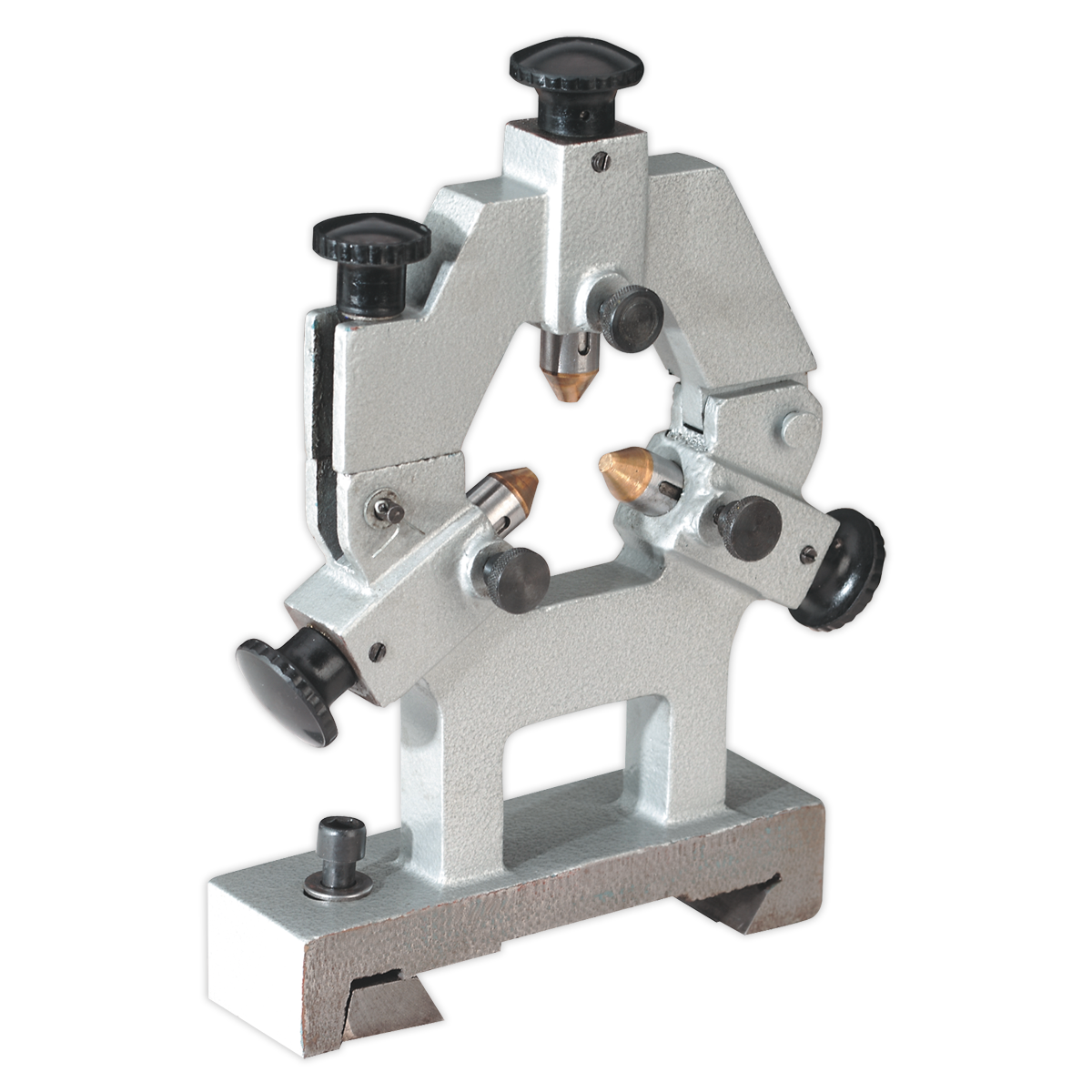 The Fixed Steady Rest - SM27FS by Sealey is a gray metal device with black knobs, designed for precise positioning and support in machining or metrology. It features a U-shaped frame and adjustable components, making this high-quality accessory essential for any metalworking lathe.