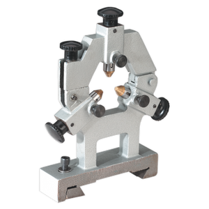 The Fixed Steady Rest - SM27FS by Sealey is a gray metal device with black knobs, designed for precise positioning and support in machining or metrology. It features a U-shaped frame and adjustable components, making this high-quality accessory essential for any metalworking lathe.