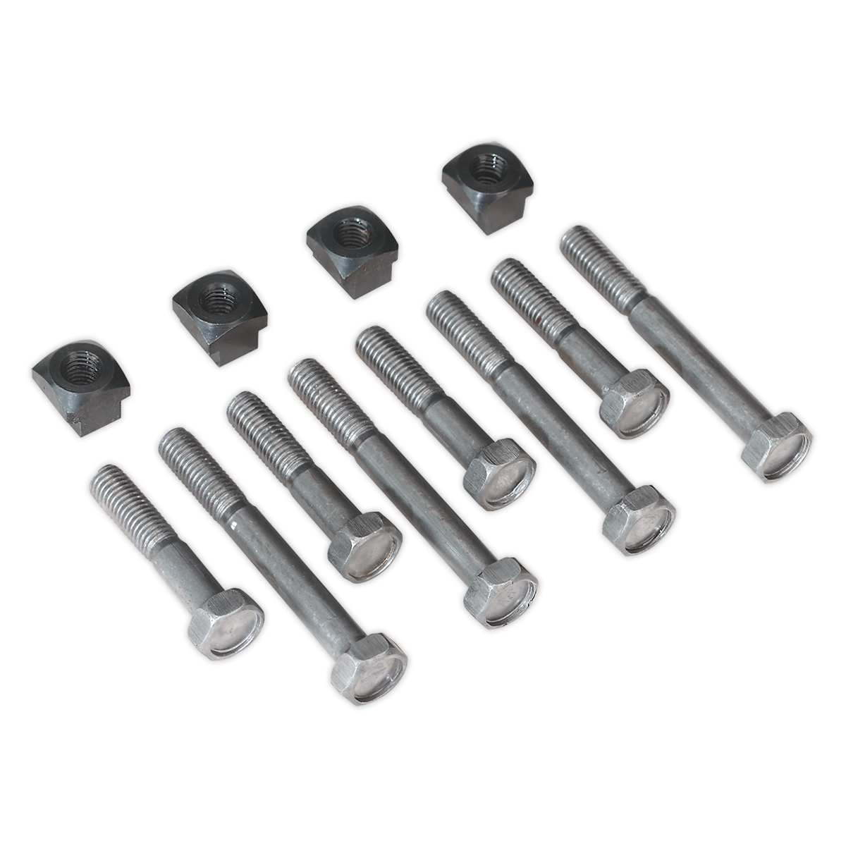 A set of twelve pieces, including eight hex bolts and four matching nuts, perfect as the Sealey T-Nut Bolt Set 12pc - SM27TNS, arranged in two rows on a plain background.