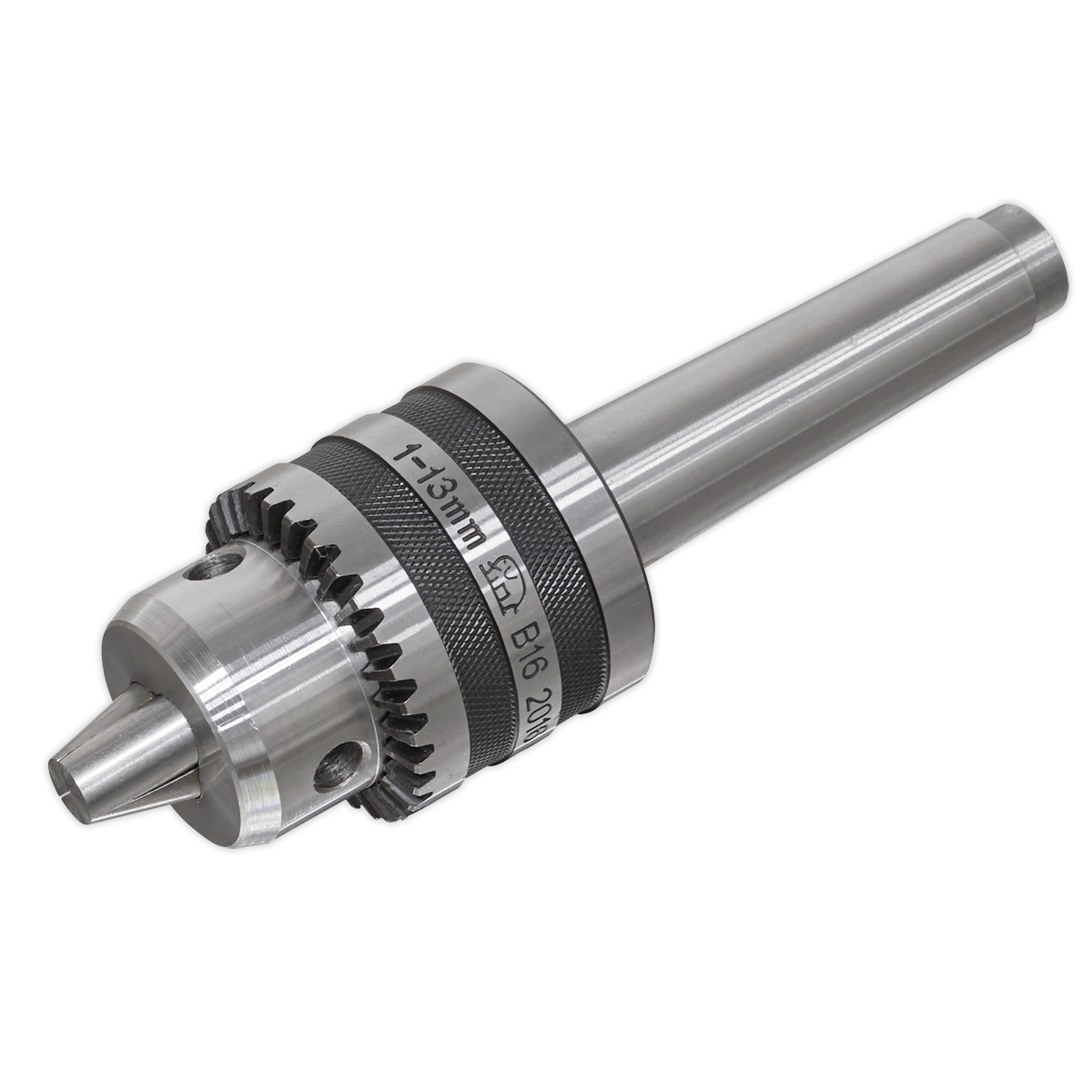 The image showcases the high-quality Sealey Tailstock Chuck 13mm & Arbor MT3 - SM27TSC, featuring a keyless design with engraved measurements and codes, perfect for securing drill bits in power drills and metalworking lathes.