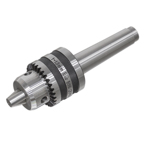 The image showcases the high-quality Sealey Tailstock Chuck 13mm & Arbor MT3 - SM27TSC, featuring a keyless design with engraved measurements and codes, perfect for securing drill bits in power drills and metalworking lathes.
