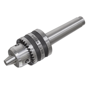 The image showcases the high-quality Sealey Tailstock Chuck 13mm & Arbor MT3 - SM27TSC, featuring a keyless design with engraved measurements and codes, perfect for securing drill bits in power drills and metalworking lathes.