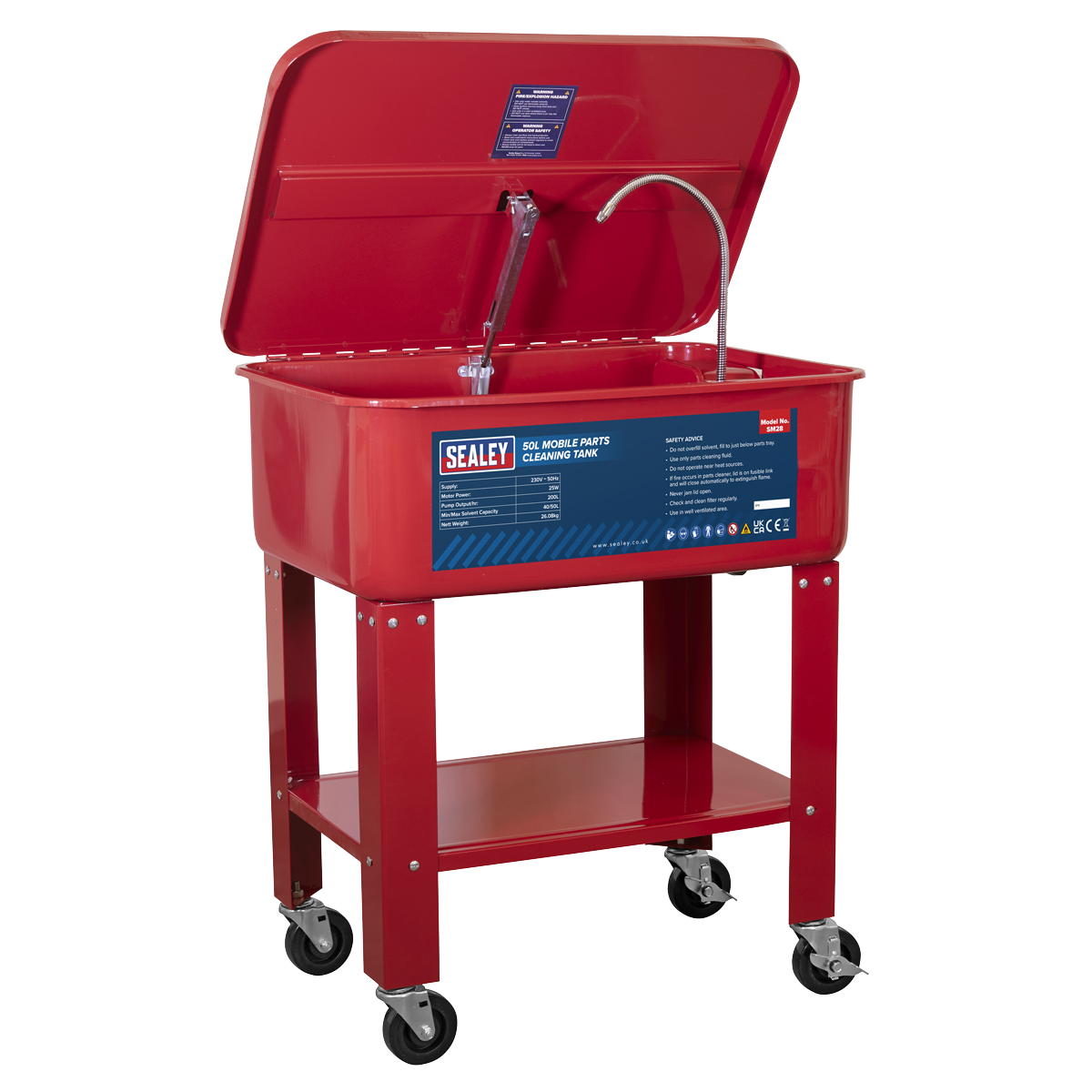 A Sealey Mobile Parts Cleaning Tank 50L - SM28 in red, featuring a self-latching lid, a flexible cleaning nozzle, and a lower storage shelf, all positioned on a four-wheeled frame.