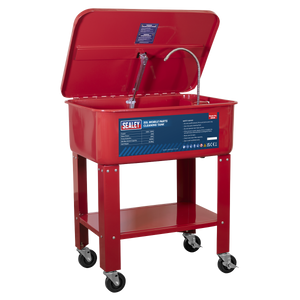 A Sealey Mobile Parts Cleaning Tank 50L - SM28 in red, featuring a self-latching lid, a flexible cleaning nozzle, and a lower storage shelf, all positioned on a four-wheeled frame.