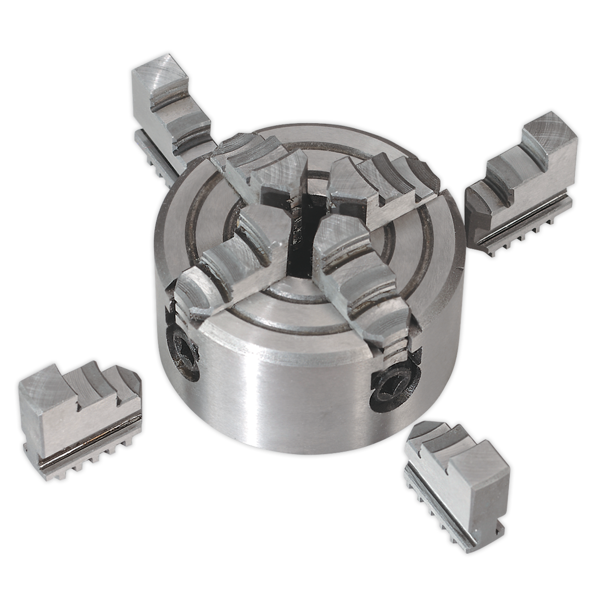 The Sealey Independent Chuck 4-Jaw - SM30024JC comes with detached jaws and is typically used in metalworking lathes to securely hold workpieces.