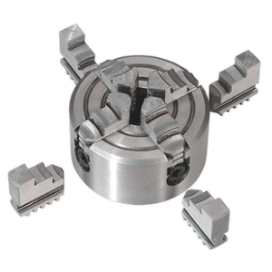 The Sealey Independent Chuck 4-Jaw - SM30024JC comes with detached jaws and is typically used in metalworking lathes to securely hold workpieces.