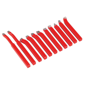 A set of eleven 8 x 8mm HSS steel lathe tools from Sealey's Cutter Set (SM3002CS11), featuring various cutting tips, ideal for machining mild steel and other metalworking projects.