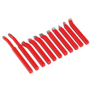 A set of eleven 8 x 8mm HSS steel lathe tools from Sealey's Cutter Set (SM3002CS11), featuring various cutting tips, ideal for machining mild steel and other metalworking projects.