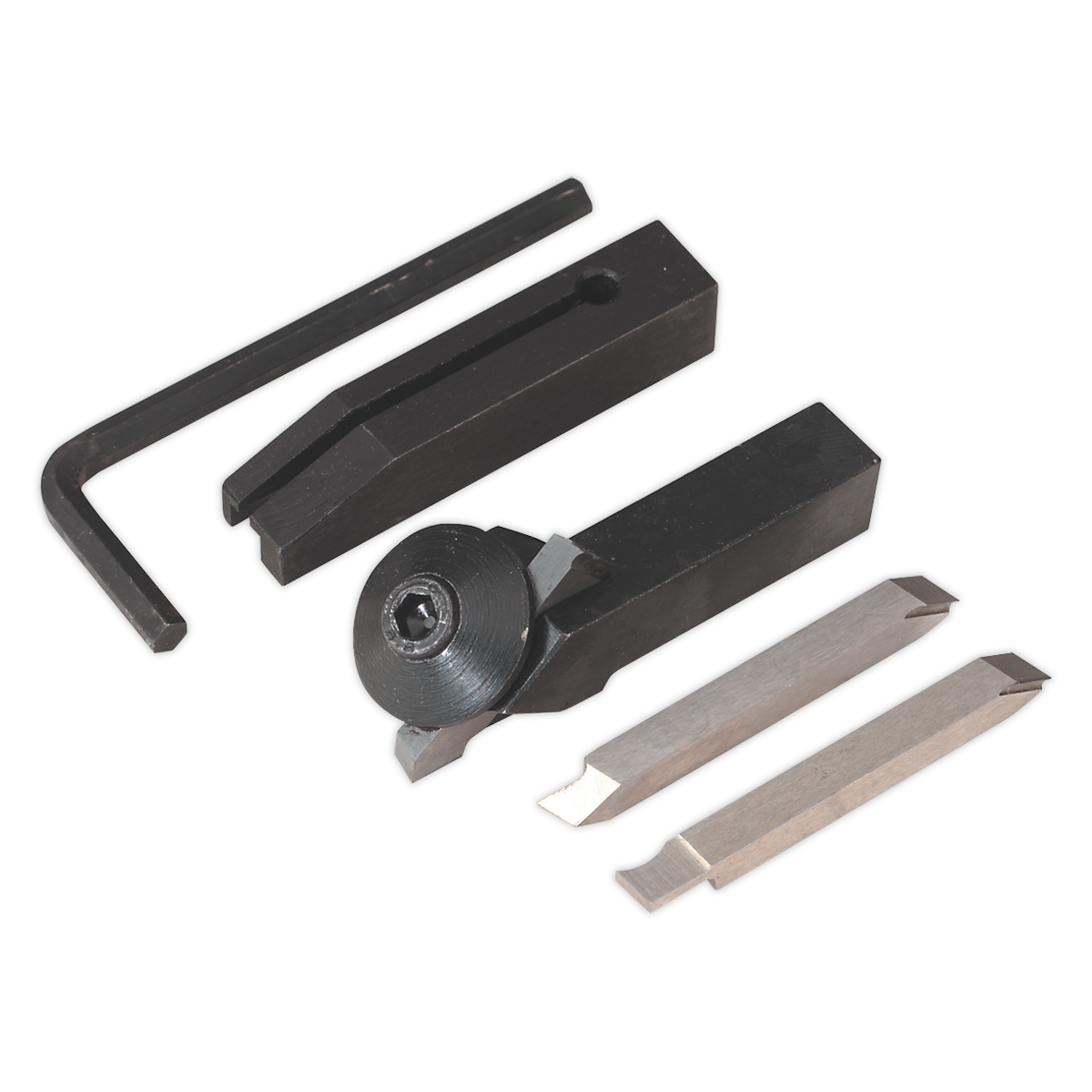 A set of Sealey Cutter Set 5pc - SM3002CS2 lathe and metalworking accessories, including an Allen wrench, a clamping tool, and three cutting bits, all arranged on a white background.