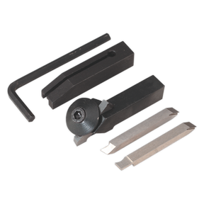 A set of Sealey Cutter Set 5pc - SM3002CS2 lathe and metalworking accessories, including an Allen wrench, a clamping tool, and three cutting bits, all arranged on a white background.