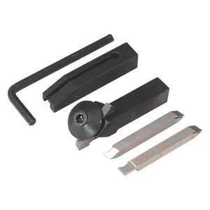 A set of Sealey Cutter Set 5pc - SM3002CS2 lathe and metalworking accessories, including an Allen wrench, a clamping tool, and three cutting bits, all arranged on a white background.