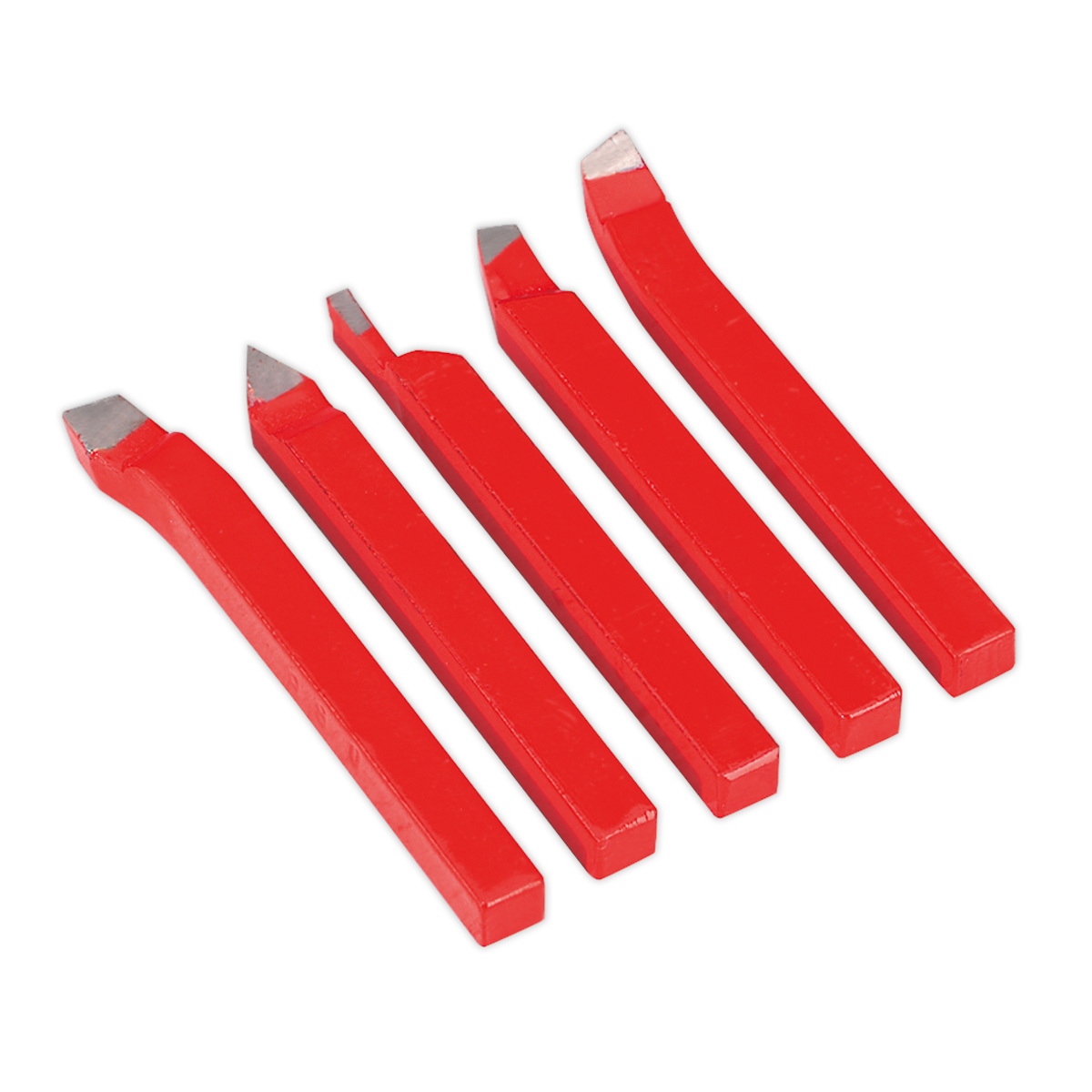 Five red HSS steel lathe tools from the Sealey Cutter Set 5pc 8 x 8mm - SM3002CS5, each with uniquely shaped cutting edges, are arranged in a row on a white background. They are perfect for machining mild steel and enhancing your metalworking lathe accessories collection.