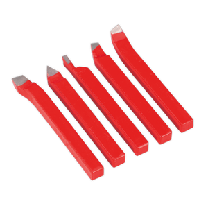 Five red HSS steel lathe tools from the Sealey Cutter Set 5pc 8 x 8mm - SM3002CS5, each with uniquely shaped cutting edges, are arranged in a row on a white background. They are perfect for machining mild steel and enhancing your metalworking lathe accessories collection.