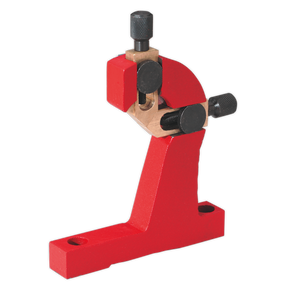 The Sealey Follow Rest - SM3002FR is a precision cutting tool featuring a red tabletop, adjustable knobs, a mounted blade, and high-quality accessories.