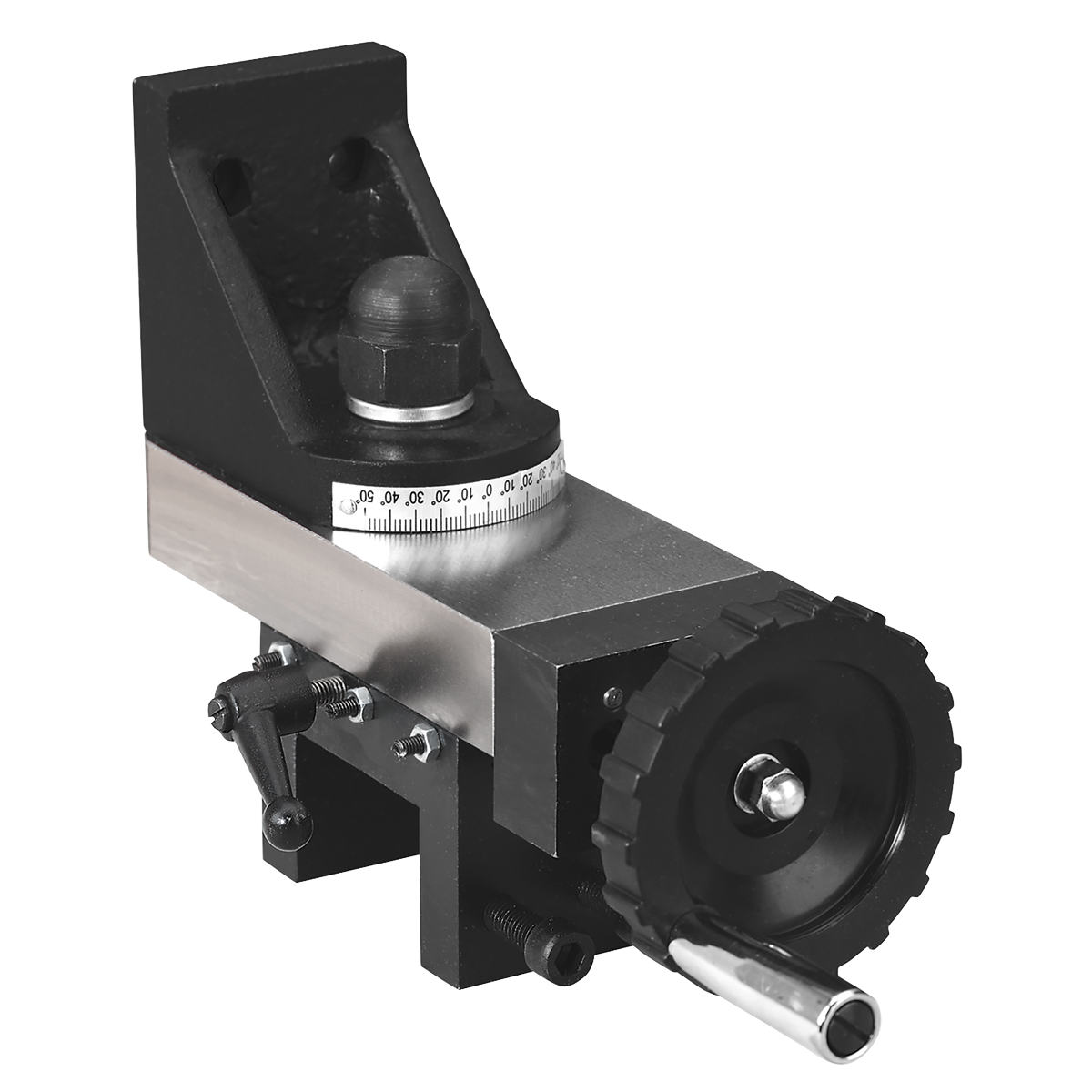 The Mill Attachment - SM3002MA from Sealey is a precision metal tool fixture featuring a rotating knob and measurement gauge. Commonly used in machining and industrial applications, it serves as a high-quality accessory when paired with a metalworking lathe.