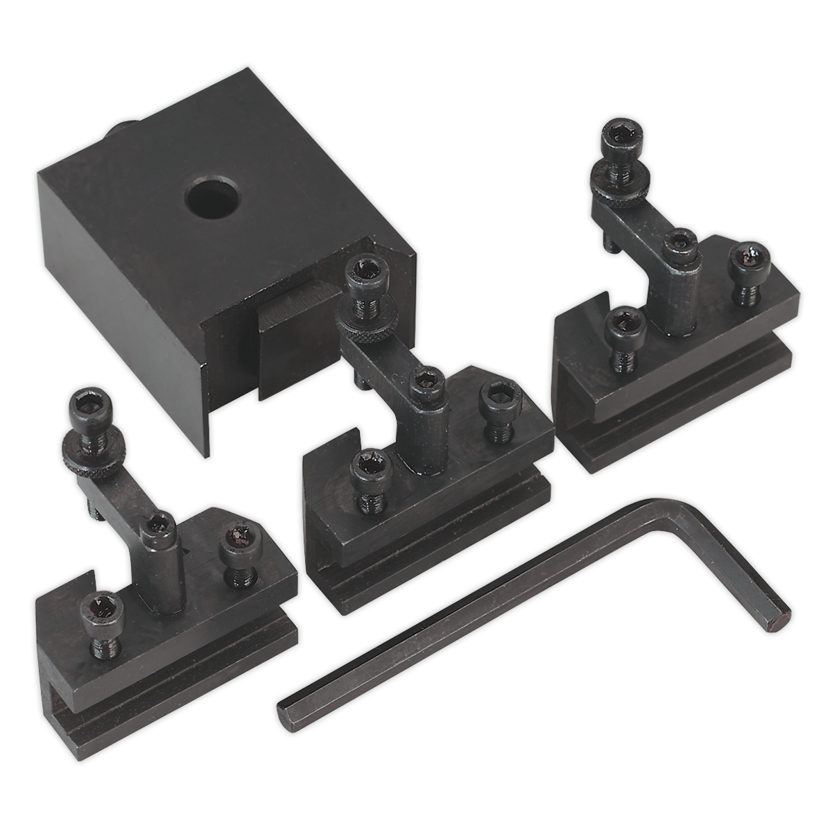 Set of four black metalworking lathe tool holders and an L-shaped hex wrench, designed for Quick Change Post - Model No. SM3002QCCR by Sealey.