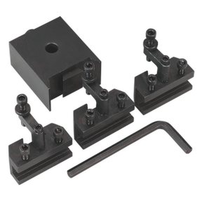 Set of four black metalworking lathe tool holders and an L-shaped hex wrench, designed for Quick Change Post - Model No. SM3002QCCR by Sealey.