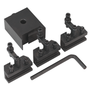 Set of four black metalworking lathe tool holders and an L-shaped hex wrench, designed for Quick Change Post - Model No. SM3002QCCR by Sealey.