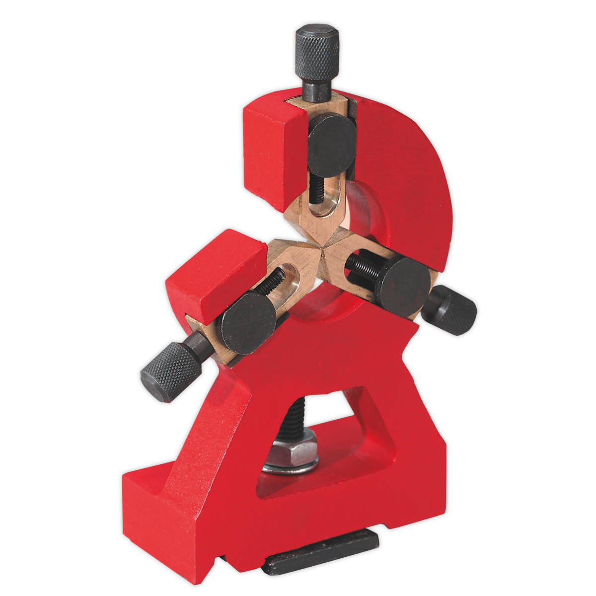 The Fixed Steady Rest - SM3002SR by Sealey is a red, adjustable tool featuring three black knobs, designed for precise alignment or calibration purposes—an essential high-quality accessory for any metalworking lathe.