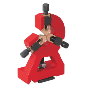 The Fixed Steady Rest - SM3002SR by Sealey is a red, adjustable tool featuring three black knobs, designed for precise alignment or calibration purposes—an essential high-quality accessory for any metalworking lathe.