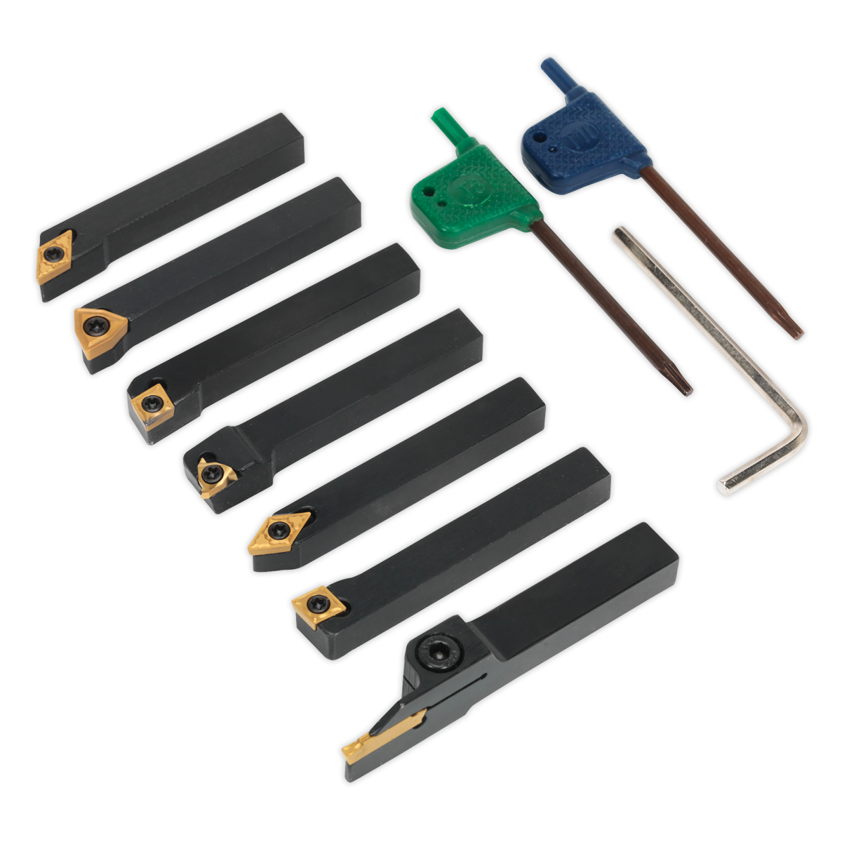 The Sealey Indexable 8mm Lathe Turning Tool Set 7pc - SM3025CS5 includes seven lathe cutting tools with interchangeable carbide tips, two adjuster keys, and an Allen wrench.