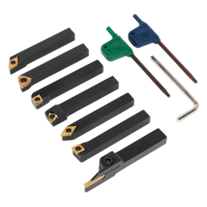 The Sealey Indexable 8mm Lathe Turning Tool Set 7pc - SM3025CS5 includes seven lathe cutting tools with interchangeable carbide tips, two adjuster keys, and an Allen wrench.