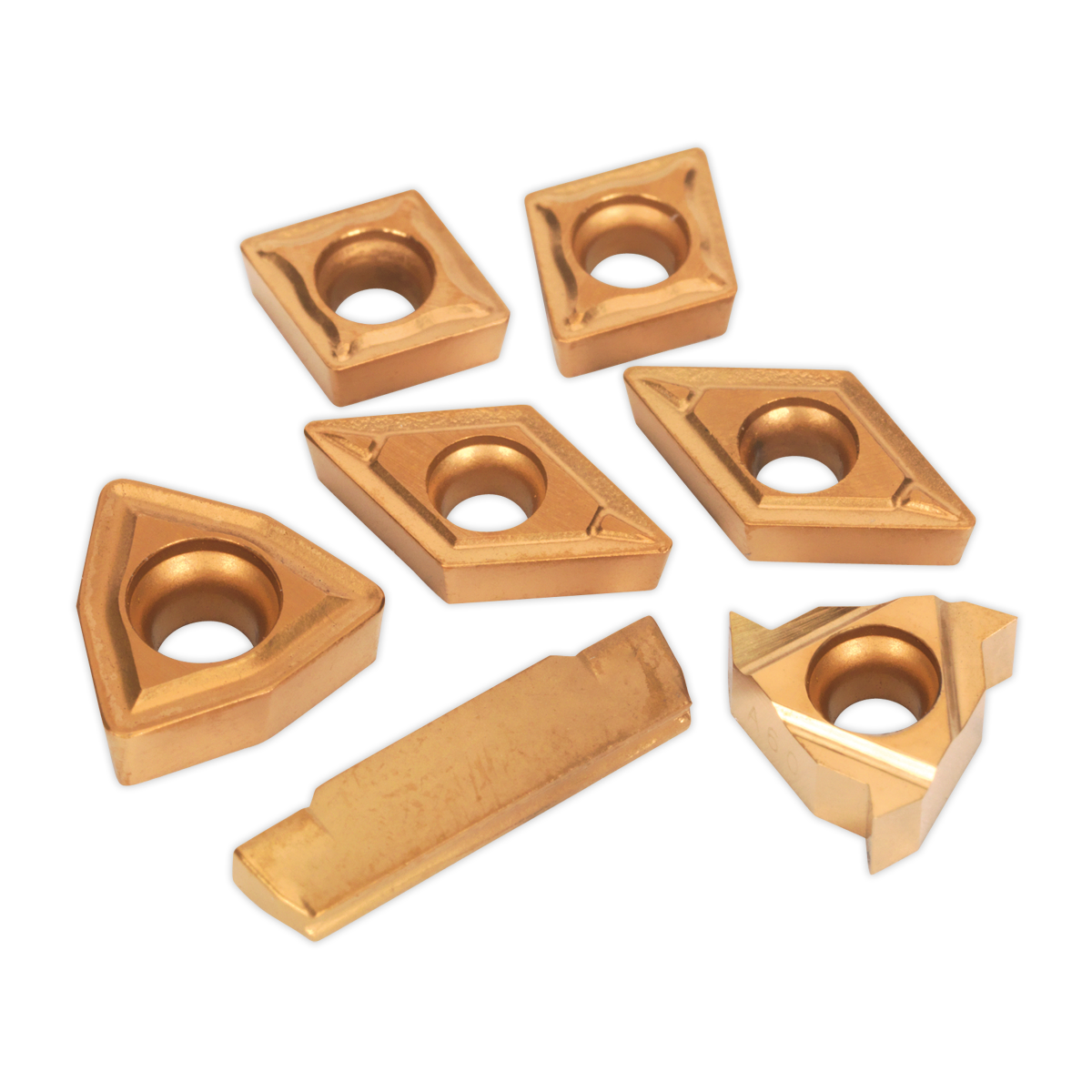 Sealey's Tips for Lathe Turning Tool Set, Model No. SM3025CS6 - SM3025CS6R, comprises seven variously shaped steel metal cutting tool inserts. Each insert, crafted with different geometric forms and a central hole, is ideal for lathe turning tool applications.