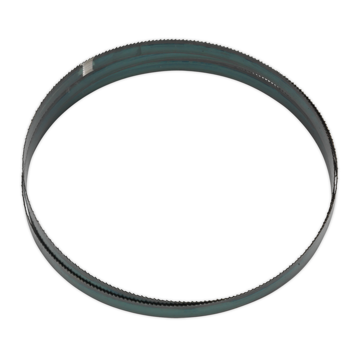 The Sealey Bandsaw Blade 2362 x 19 x 0.81mm 8tpi - SM35/B08 is a circular metal ring with a dark outer edge and a smooth inner surface, featuring hardened cutting edges and a slight seam or line running along its circumference.