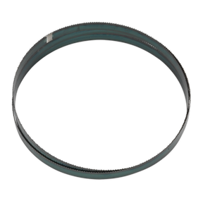 The Sealey Bandsaw Blade 2362 x 19 x 0.81mm 8tpi - SM35/B08 is a circular metal ring with a dark outer edge and a smooth inner surface, featuring hardened cutting edges and a slight seam or line running along its circumference.