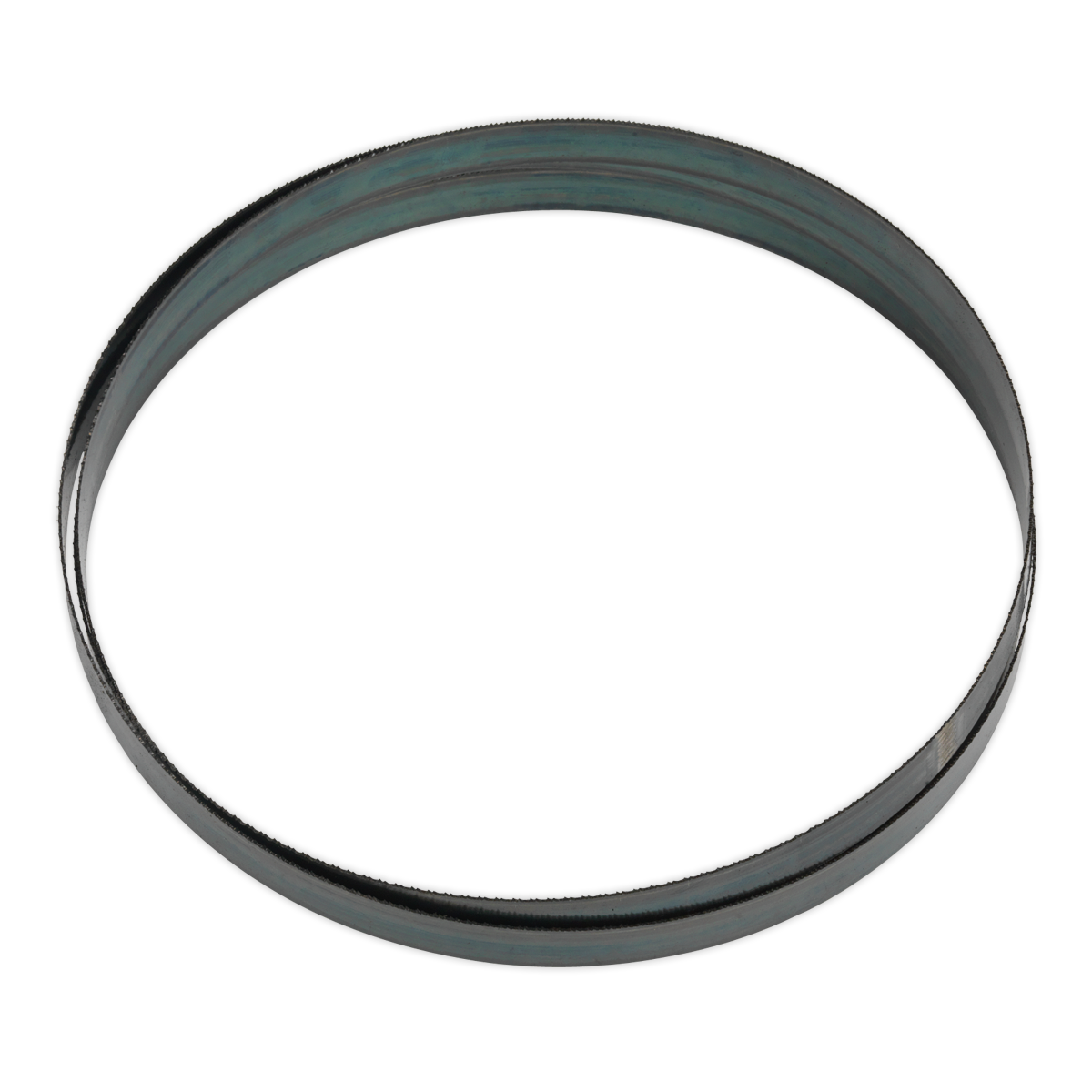 A Sealey Bandsaw Blade 2362 x 19 x 0.81mm 18tpi - SM35/B18, seen from above resembling a circular metallic ring, set against a plain white background.