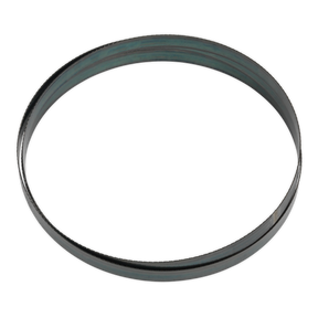 A Sealey Bandsaw Blade 2362 x 19 x 0.81mm 18tpi - SM35/B18, seen from above resembling a circular metallic ring, set against a plain white background.