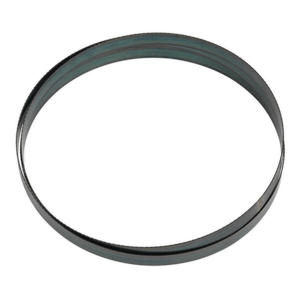 A Sealey Bandsaw Blade 2362 x 19 x 0.81mm 18tpi - SM35/B18, seen from above resembling a circular metallic ring, set against a plain white background.