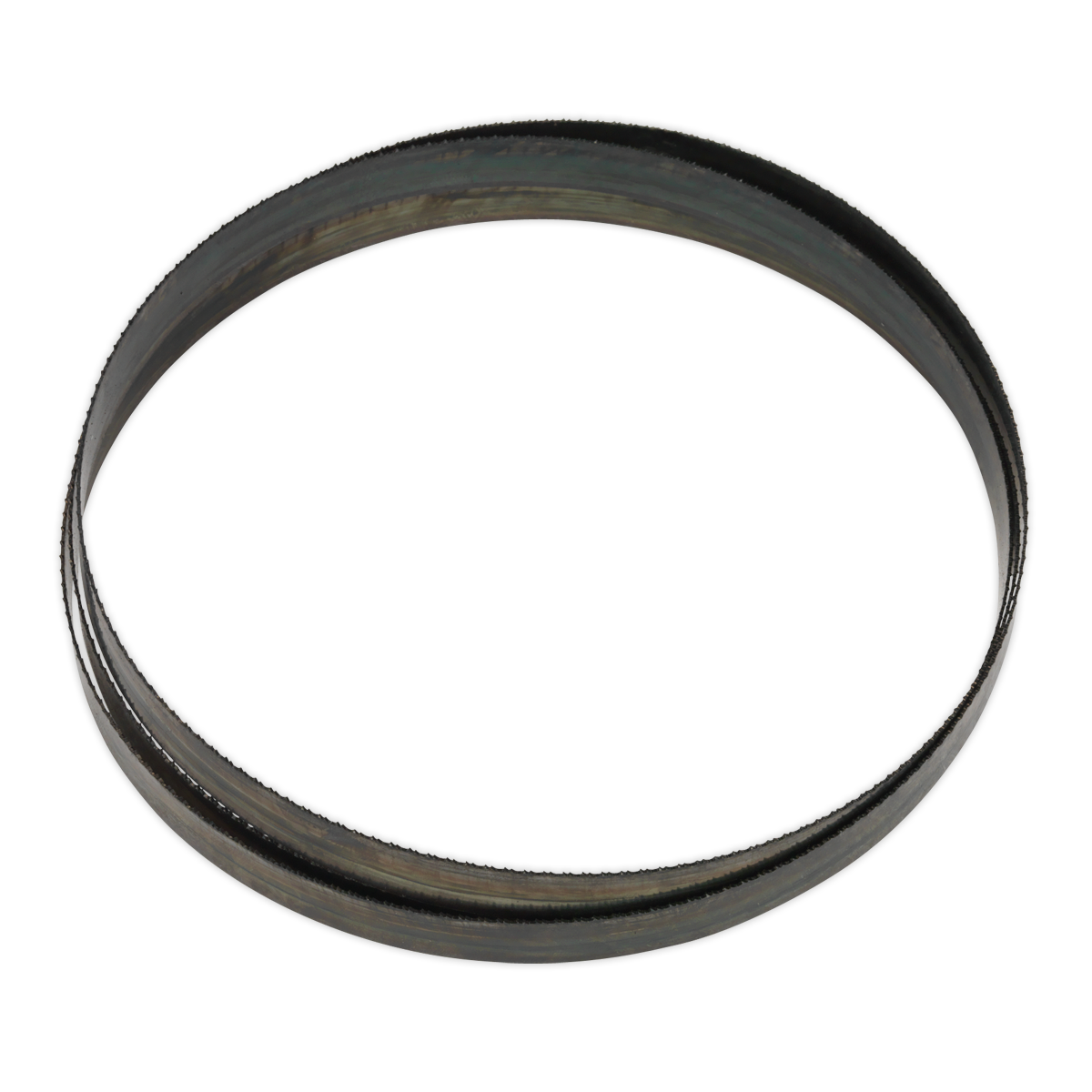 A detailed image of the Sealey Bandsaw Blade 2105 x 20 x 0.9mm 18tpi - SM354B18 viewed from an elevated angle, isolated against a white background.