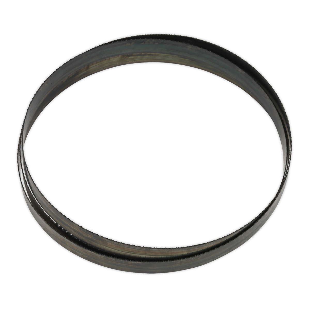 A dark, circular metal ring with a smooth surface and slight wear marks, reminiscent of the precision seen in cutting steel with the Sealey Bandsaw Blade 2105 x 20 x 0.9mm 24tpi - SM354B24.