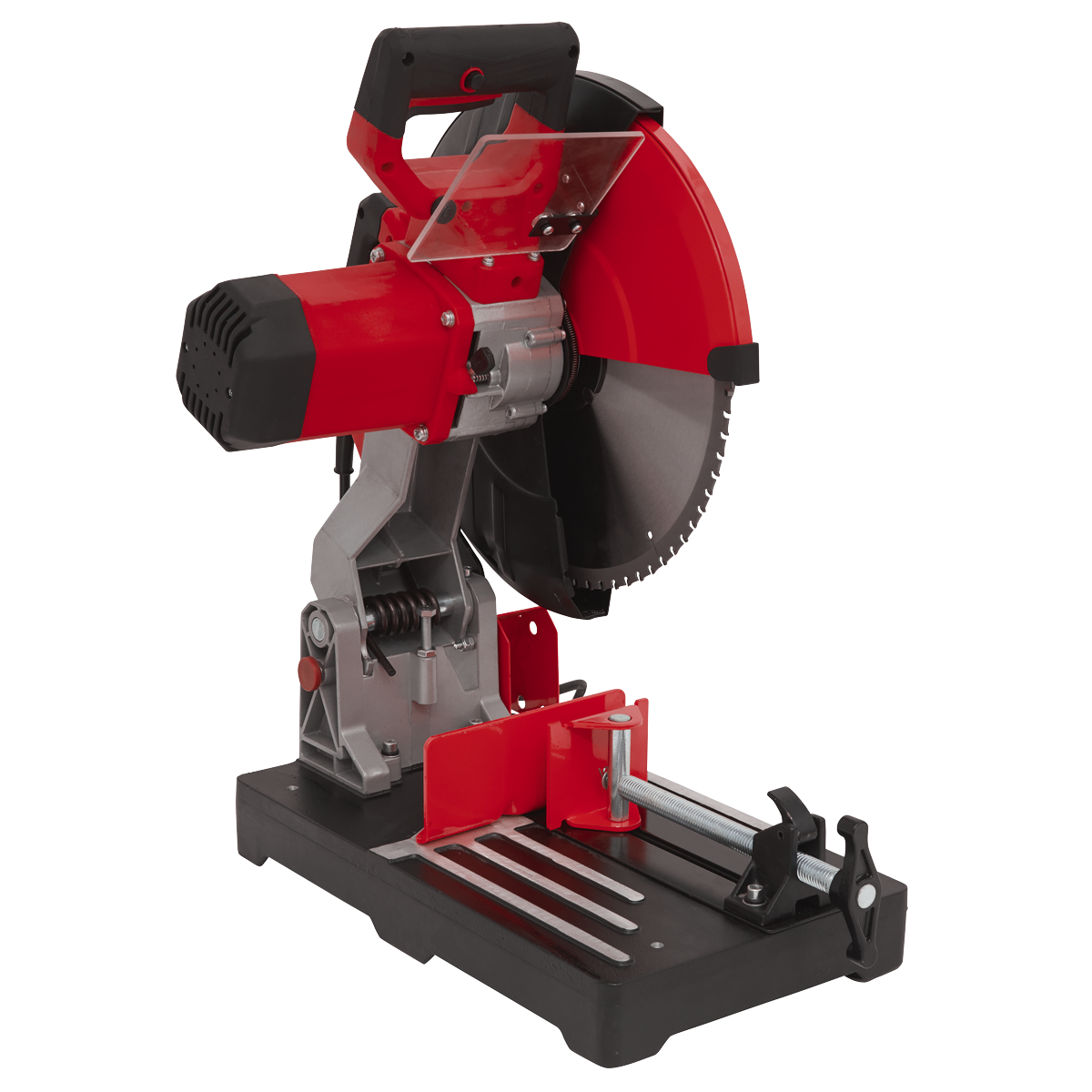 The Sealey Cut-Off Machine Ø355mm 230V with Blade - SM355B is a versatile tool, featuring a TCT blade, adjustable base, quick action mitring vice, and cutting guide, ideal for cutting various materials.