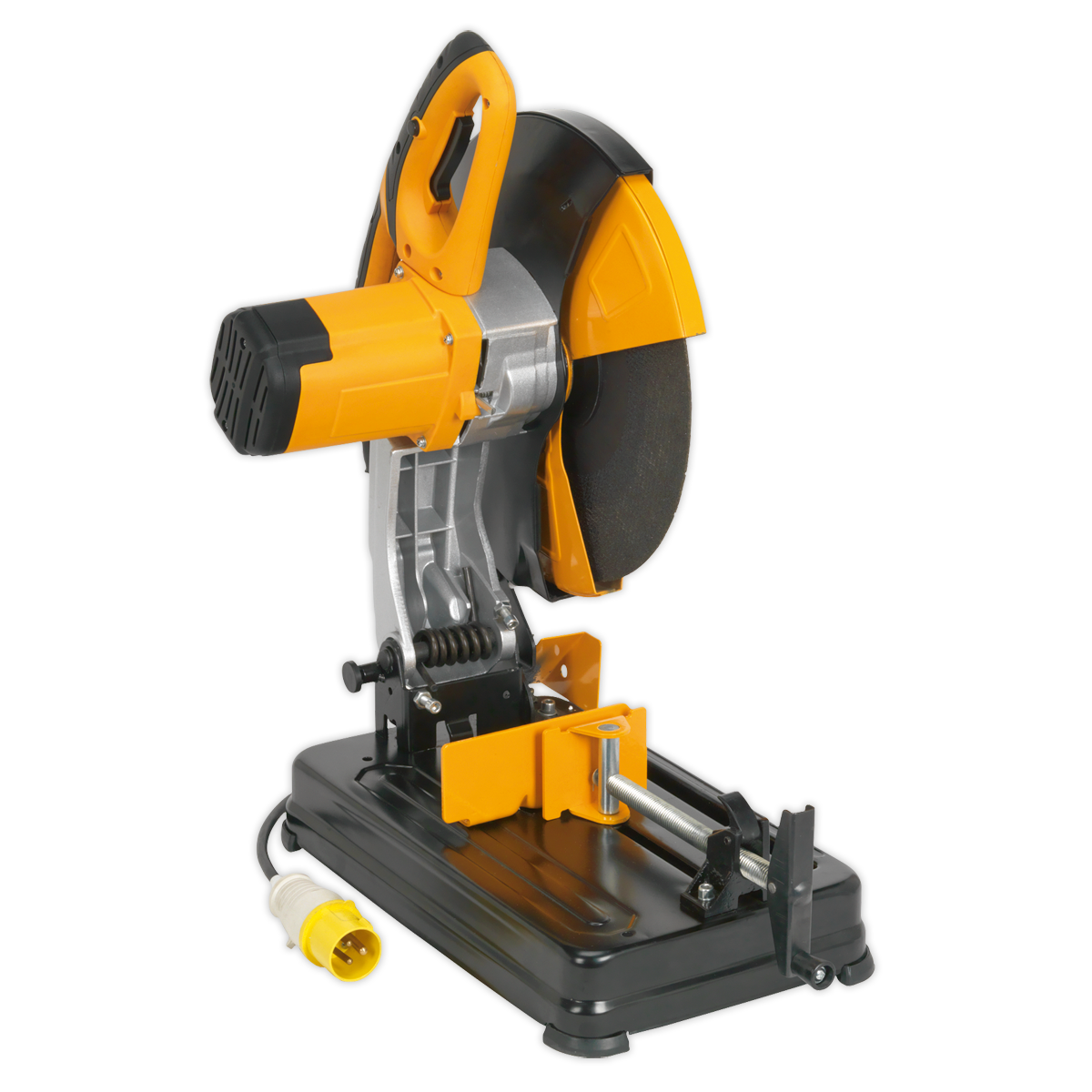 The Sealey Cut-Off Saw Ø355mm 110V Abrasive Disc Portable - SM355D110V, a yellow and black general-purpose saw with a powerful 2480W motor, features a circular blade mounted on a sturdy base with an attached power cord.