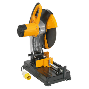 The Sealey Cut-Off Saw Ø355mm 110V Abrasive Disc Portable - SM355D110V, a yellow and black general-purpose saw with a powerful 2480W motor, features a circular blade mounted on a sturdy base with an attached power cord.